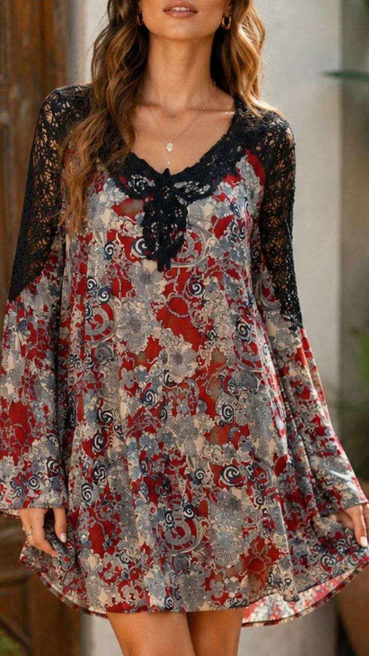 Miss Me Boho Paisley Mini Dress Black Crochet Lace Bell Long Sleeve Women Medium